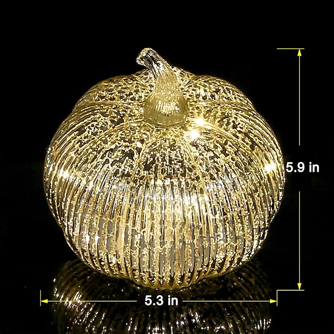 Mercury Glass Light Up Pumpkin with Timer, Fall Decoration for Home, Silver Halloween Festive Decor Lamp