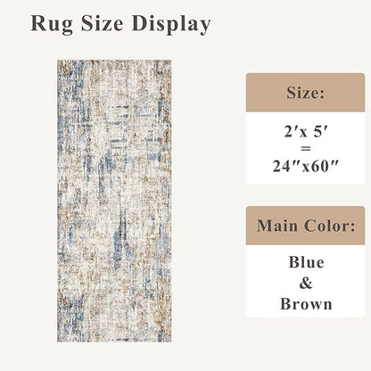 2x5 Non-Slip Washable Runner Rug – Modern Neutral Abstract Small Rug for Hallway, Kitchen, Bathroom, Bedroom, Entryway, Laundry Room – Thin Soft Low-Pile Rubber Backing（Blue Brown）