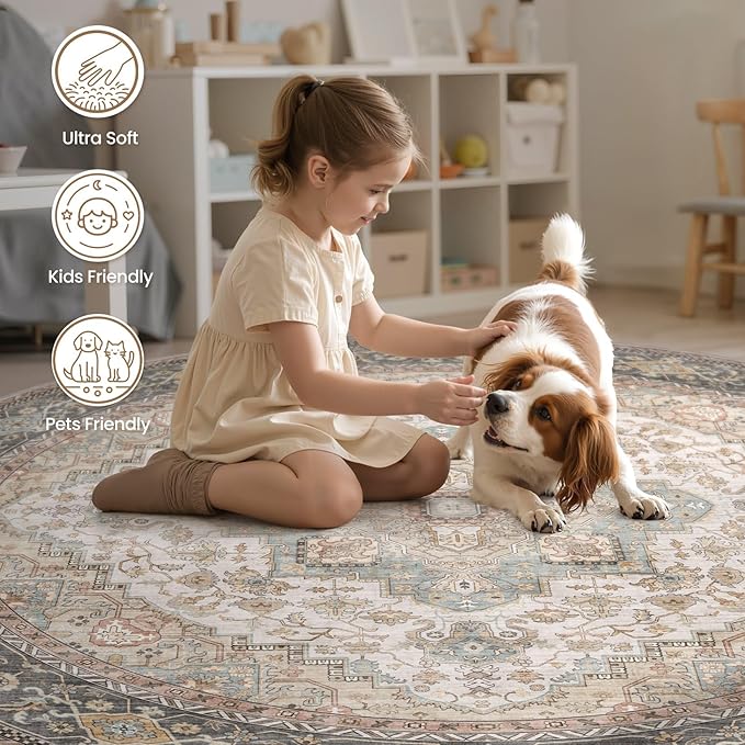 EIEIHOUSE 8ft Round Rugs for Living Room - Washable Neutral Vintage Distressed Farmhouse Large Soft Floor Area Rug Indoor Carpet for Bedroom Dining Room Office -Forest Green Orange