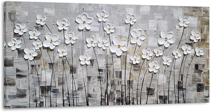 Yihui Arts Hand-Painted Textured White Floral Oil Painting on Canvas, Modern Gray Abstract Background Wall Art for Living Room Bedroom, Thick Textured Floral Decor