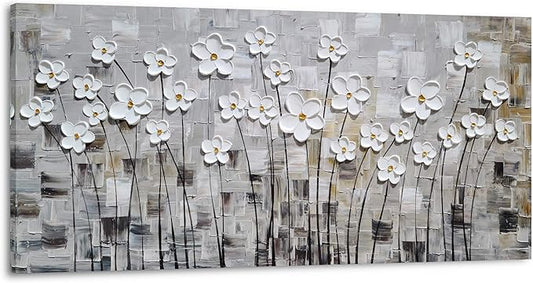 Yihui Arts Hand-Painted Textured White Floral Oil Painting on Canvas, Modern Gray Abstract Background Wall Art for Living Room Bedroom, Thick Textured Floral Decor