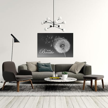 SKASNFAI Just Breathe Wall Art Zen Office Wall Decor Inspirational Yoga Quotes Positive Relax Artwork Picture Black and White Dandelion Posters Print for Meditation Room (24L x 36W)
