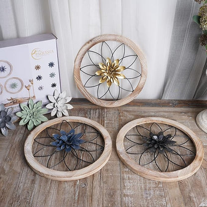 Paquesta 3 Piece Round Farmhouse Wall Decor with 6 Piece Interchangeable Flowers 15.75'' Medallion Wood & Metal Rustic Wall Art for Living Room Bedroom Kitchen Bathroom Dining Room Home Decorations (large black wheel)