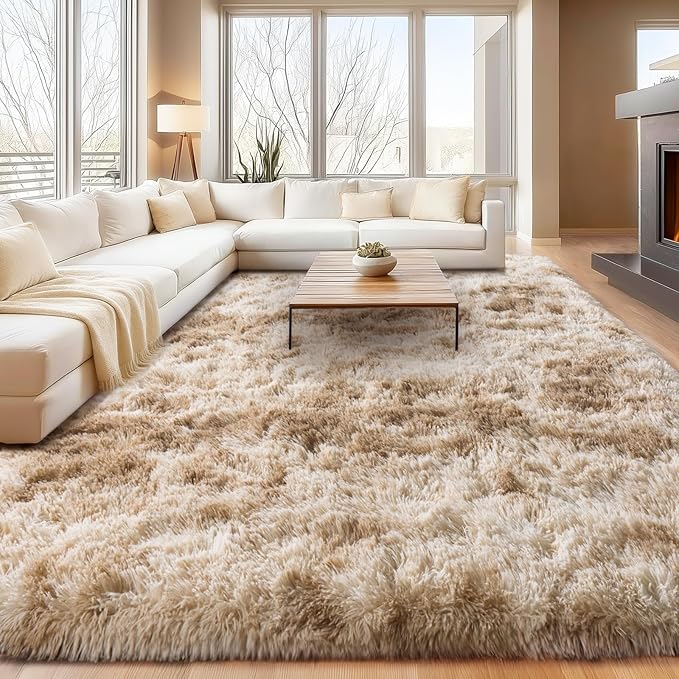 Large Plush Shaggy Rug High Pile Fluffy Rug for Living Room, Big Plush Non-Skid Shag Carpet, Soft Shaggy Rugs for Bedroom Indoor Modern Home Decor Tie Dye Camel 9x12ft