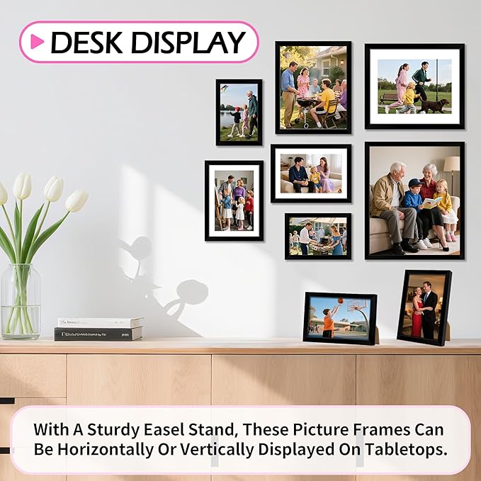 8x10 Picture Frame Set of 2, Black Photo Frame for Tabletop or Wall Display, Display Pictures 5x7 with Mat or 8x10 Without, Frame Collage with HD Plexiglass for Wall Home Decor, with Gadget