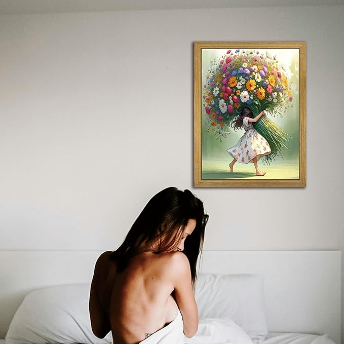Wood Framed Pink Wildflower Canvas Wall Art, Girl Hugging Flowers Poster Prints Paintings, Teen Girls Preppy Bedroom Decor, Green Room laesthetic Picture for Kids Room Hallway Living Room 12x16 Inch