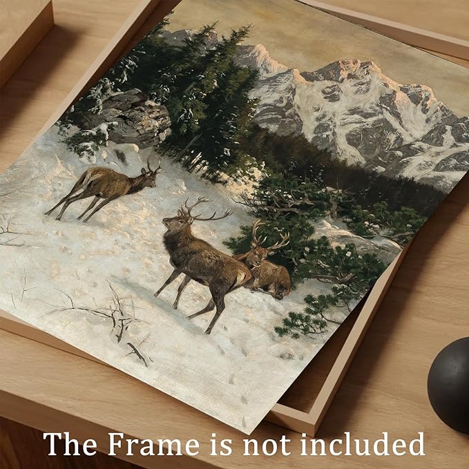 uniro Vintage Wall Art Prints - Vintage Christmas Print Winter Landscape Oil Painting, Rustic Deer Mountain Christmas Picture Wall Decor, Retro Muted Snowy Landscape Holiday Wall Decor, Xmas Decor for Bedroom Bathroom Living Room Christmas Holiday Deco...