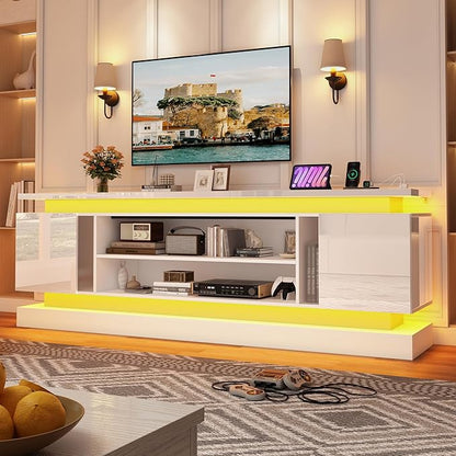 St.Mandyu 81" 2 LED TV Stand for TVs 90/85 inch,High Gloss Gaming Tall Entertainment Center w/Power Outlet,6000-Colors LED Lights,Modern TV Media Console Table with 2 Cabinets for Living Room,White