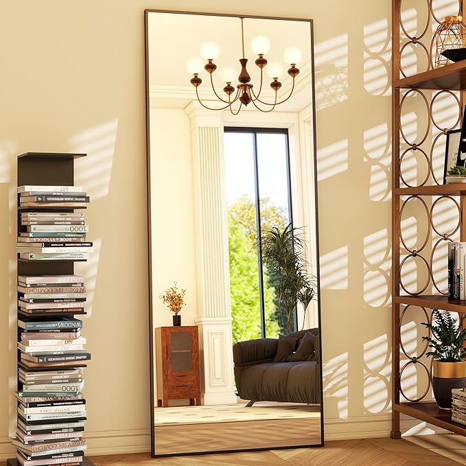 GLSLAND 64"x21" Full Length Mirror Full Body Mirror Freestanding Hanging or Leaning Rectangle Floor Mirror Aluminum Alloy for Bedroom Bathroom Living Room,Black