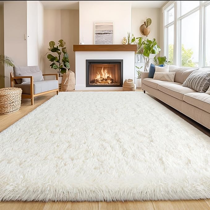 Area Rug for Living Room 6x9, Ultra Soft Shaggy Area Rugs for Bedroom, Upgrade Non-Slip Plush Fuzzy Carpet for Bedroom Girls Boys Room Home Nursery Teens Modern Indoor Home Dorm Decor, Cream White