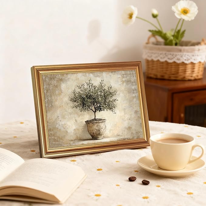JLTULT Gold Framed Potted Olive Tree Wall Art, Vintage Botanical Canvas Wall Decor, Olive Branch Art Print for Living Room Bedroom Office 8x10 Inch with Fade-Resistant Print Easy to Hang