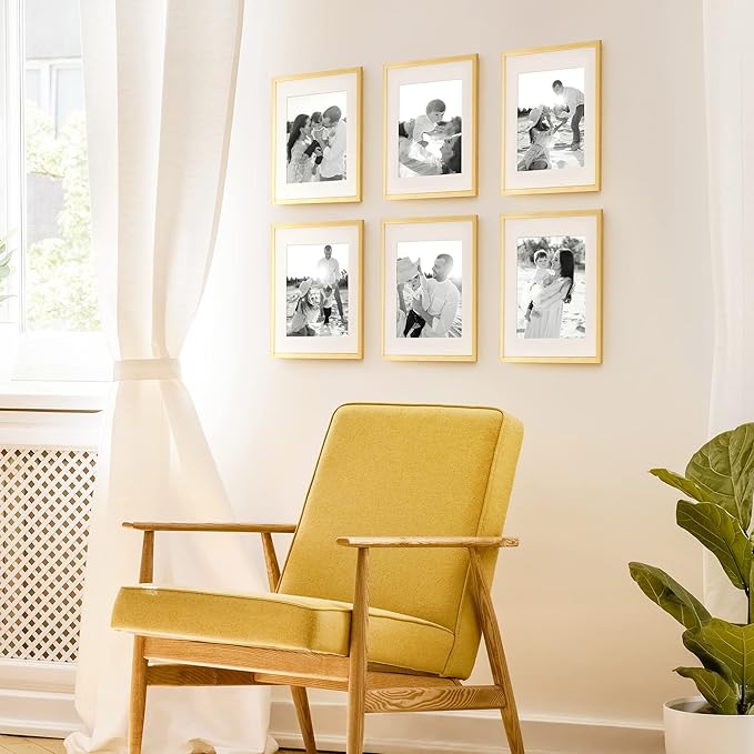 upsimples 11x14 Picture Frame Set of 3, Made of High Definition Glass for 8x10 with Mat or 11x14 Without Mat, Wall and Tabletop Display Photo Frames, Gold