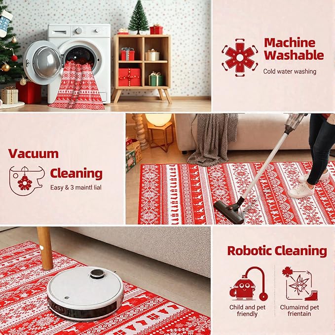 Area Rugs for Bedroom, 3x5 Ft Indoor Washable Rugs for Entryway Snowflake Print Living Room Carpet, Farmhouse Welcome Front Door Mat Non Slip Carpet for Entrance Porch Bath Kitchen, Red