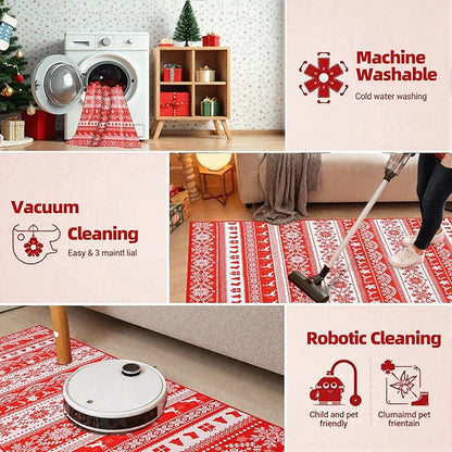 Area Rugs for Bedroom, 3x5 Ft Indoor Washable Rugs for Entryway Snowflake Print Living Room Carpet, Farmhouse Welcome Front Door Mat Non Slip Carpet for Entrance Porch Bath Kitchen, Red