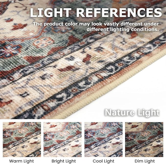 KOZYFLY Boho Area Rug 9x12 Ft Thin Rugs for Living Room Washable Bedroom Rug Non Slip Rugs for Living Room Rust/Orange/Blue Printed Faux Wool Vintage Bedroom Rug Floor Carpet for Dining Room
