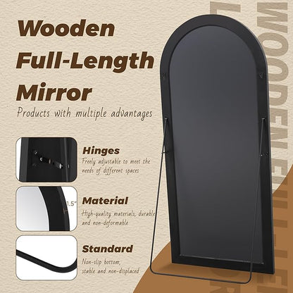 Antok Full Length Mirror with Solid Wood Frame, 81"×41" Wall Mounted Oversized Floor Mirror with Stand, Leaning Standing Hanging for Bedroom Living Room Entryway, Black, Arched Syle