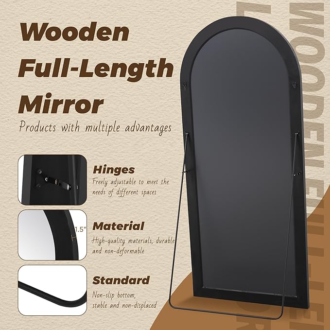 Antok Full Length Mirror with Solid Wood Frame, 76"×34" Wall Mounted Oversized Floor Mirror with Stand, Leaning Standing Hanging for Bedroom Living Room Entryway, Black, Arched Syle