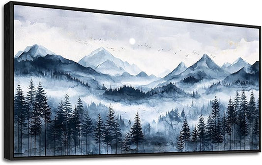 ERQINHUA Canvas Wall Art For Bedroom Large Wall Decor For Living Room Modern Office Mural Misty and Fog Forest Painting Mountain Landscape Picture Artworks Home Decor Black Framed Ready To Hang