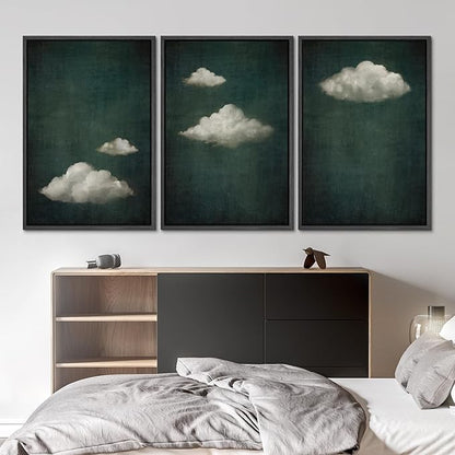 SIGNLEADER Framed Canvas Print Wall Art Set Vintage Cloudscape Dreamy Green Sky and Clouds Illustrations Boho Decorative for Living Room, Bedroom, Office - 24"x36"x3 Black
