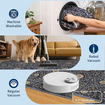 GarveeHome Boho Round Rugs 6ft for Living Room Non Slip, Vintage Botanical Circle Rug Washable Area Rug for Dining Room Stain Resistant, Low Pile Soft Blue Circular Carpet for Nursery Kitchen