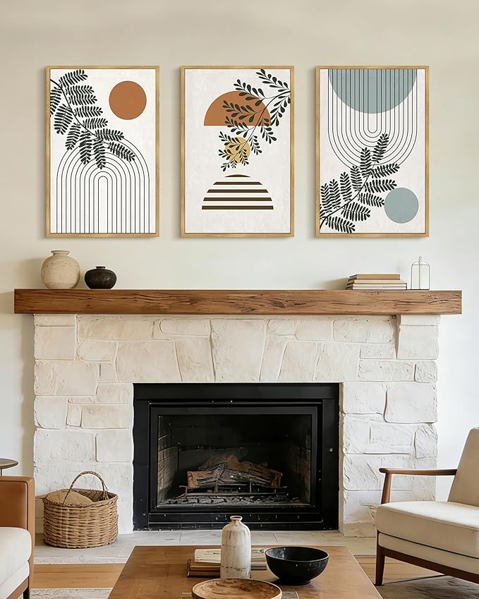 PHOPAGO Summer Boho Wall Art Large 16x24in Botanical Modern Framed Wall Prints Abstract Neutral Geometric Prints Bohemain Plants Decor for Farmhouse Home Office - Natural Framed