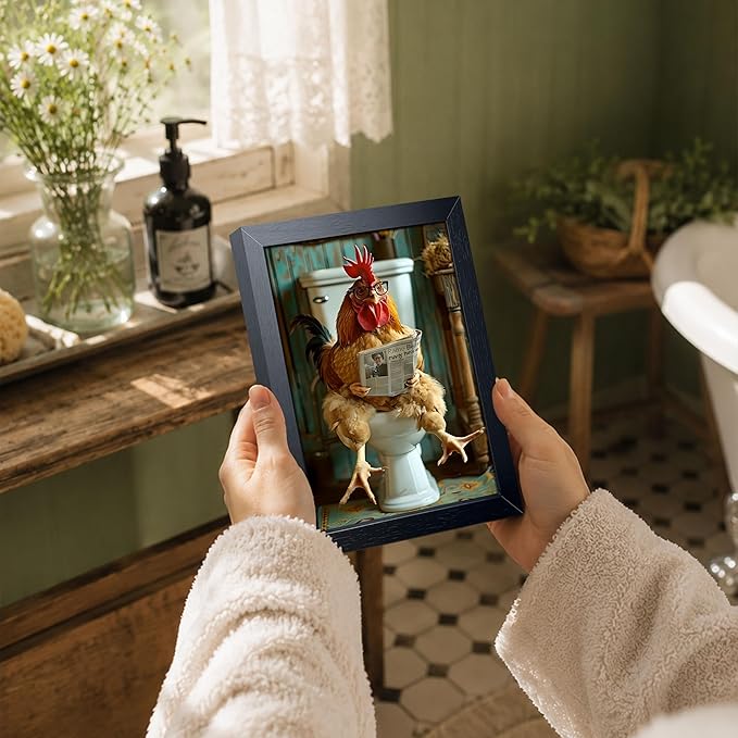 Funny Chicken Bathroom Wall Art, Framed Canvas Print, Rooster Sitting on Toilet Reading Newspaper with Glasses, Humorous Farm Animal Art Oil Painting for Bathroom Decor Restroom Home Decoration 8x10 Inch