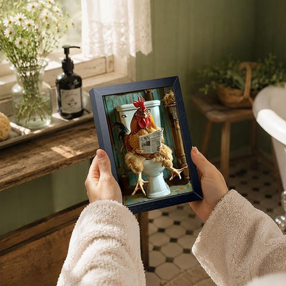 Funny Chicken Bathroom Wall Art, Framed Canvas Print, Rooster Sitting on Toilet Reading Newspaper with Glasses, Humorous Farm Animal Art Oil Painting for Bathroom Decor Restroom Home Decoration 8x10 Inch