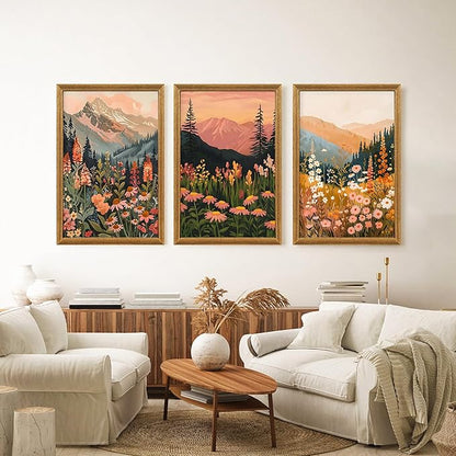 ICHZUMW Framed Boho Abstract Landscape Mountain and Floral Canvas Wall Art Set of 3, Colorful Nature Botanical Paintings Artwork, Large Wildflower Wall Decor for Living Room Bedroom Office, 16x24in
