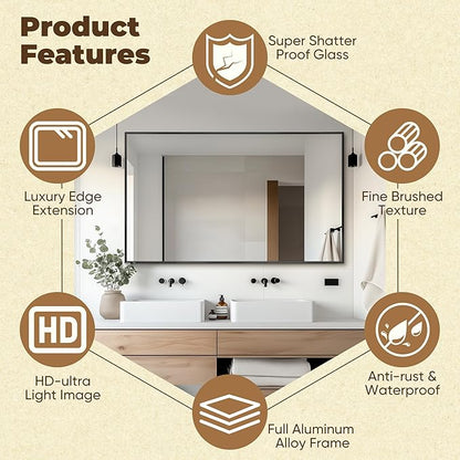 Antok 50x30 Black Metal Framed Bathroom Mirror, Wall Mirror with Rect Corners, Vanity Mirror for Over Sink, Anti-Rust Tempered Glass, Horizontal/Vertical Hanging for Bathroom, Living Room, Entryway