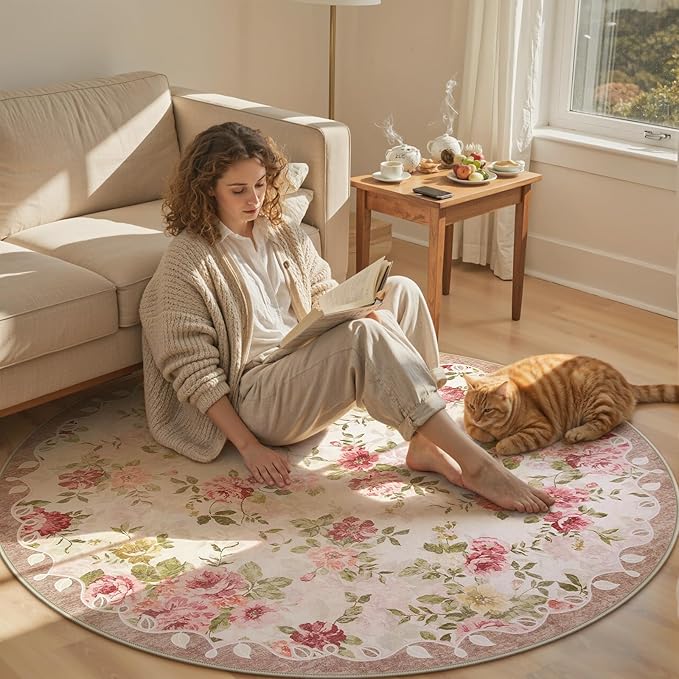 Lahome Floral Round Entryway Rug 4ft,Small Washable Circle Rug for Girls Bedroom Bathroom,Vintage Carpet for Kids Room, Nursery,Office, College Dorm Reading Nina
