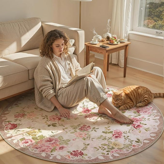Lahome Floral Round Entryway Rug 4ft,Small Washable Circle Rug for Girls Bedroom Bathroom,Vintage Carpet for Kids Room, Nursery,Office, College Dorm Reading Nina