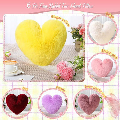 Liliful 6 Pcs Faux Rabbit Fur Heart Pillows Fluffy Heart Throw Pillows Cute Couch Cushion Soft Decorative Throw Cushion for Bed Sofa Girls Women(12 x 11 Inch,Bright Color)
