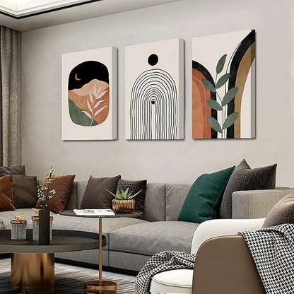 Boho Wall Art Set of 3, Mid Century Modern Canvas Wall Painting, Neutral Abstract Geometric Prints for Bedroom, Bathroom, Living Room, Office