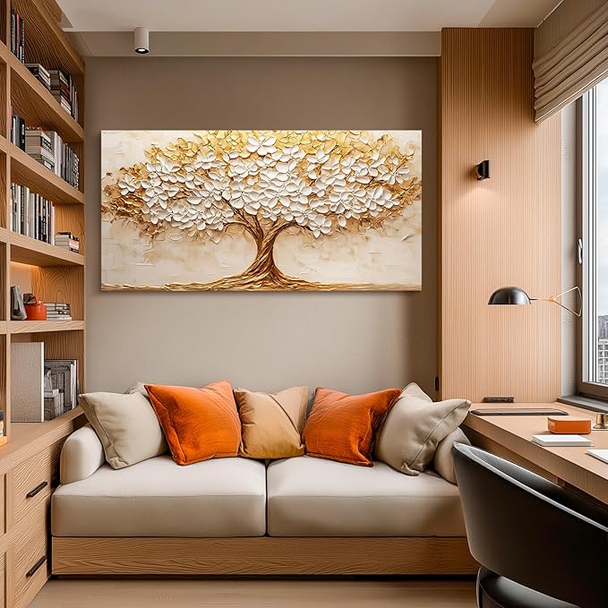 crmotu Tree of Life Wall Art, White Gold Tree Extra Large Canvas Paintings, Nature Landscape Abstract Art Prints, Modern Aesthetic Pictures Wall Decor Living Room Office Ready to Hang 29x57 Inch