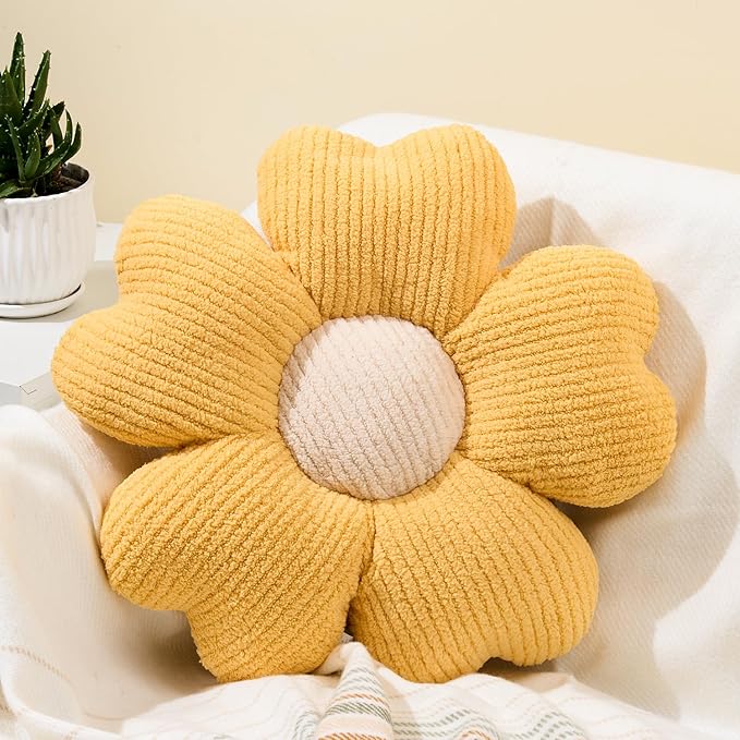 Sioloc Flower Shaped Pillow, Flower Floor Pillow, Seat Cushion, Cute Aesthetic Pillow, Decorative Pillows for Bed Sofa Couch(Yellow,19.7Inch)