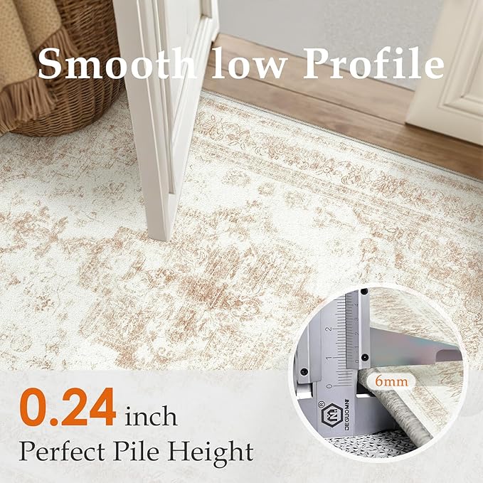 PureCozy Area Rug 10x12 Cream Washable Living Room Beige Carpet Non Slip Vintage Medallion Indoor Bedroom Beige Carpet Low Pile Soft Retro Distressed Large Rug Home Office Dining Room Playroom