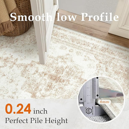 PureCozy Area Rug 10x12 Cream Washable Living Room Beige Carpet Non Slip Vintage Medallion Indoor Bedroom Beige Carpet Low Pile Soft Retro Distressed Large Rug Home Office Dining Room Playroom