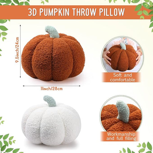 Kajaia 2 Pcs Simulated Pumpkin Plush Pillow 11 x 9.5 Inch 3D Cushion Fall Decorations Stuffed Throw Pillows Toy for Fall Halloween Thanksgiving Bedroom Sofa Couch Supplies (White,Brown)