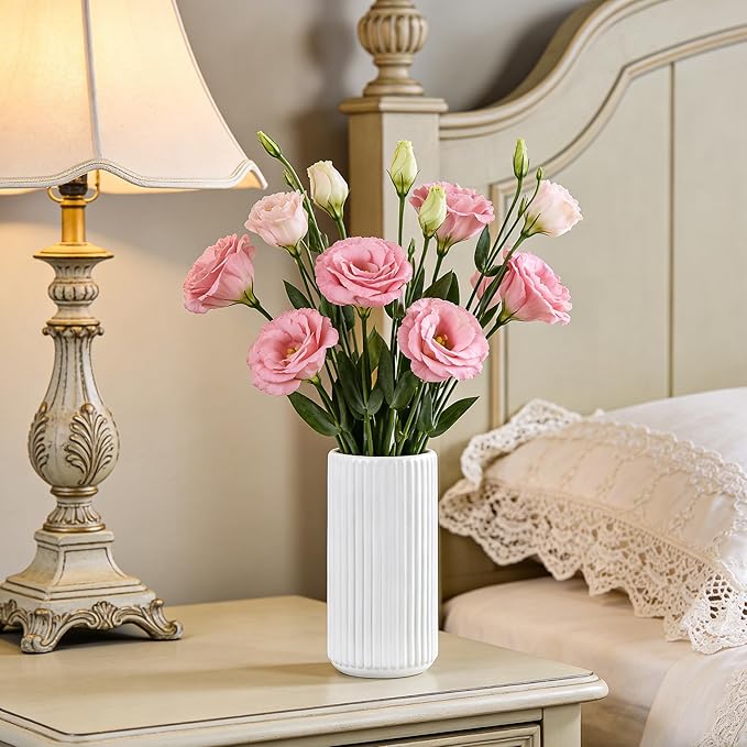 White Ceramic Flower Vase for Pampas Grass, 8 inch Small Decorative Centerpiece Ribbed Vase for Dining Table, Office Desktop, Shelf Bookshelf, Mantel, Entryway, Bathroom, Countertop, Farmhouse, Gift