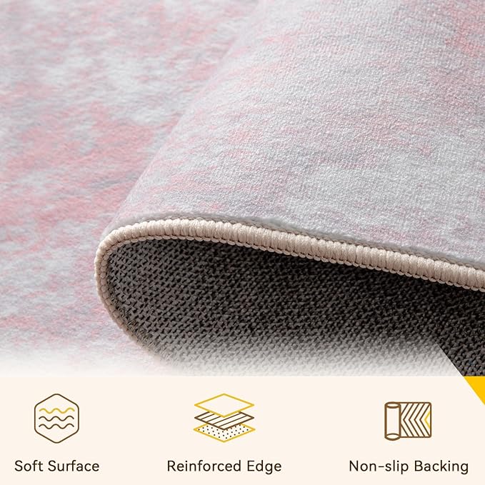 RELEANY Washable Area Rugs 3'x5' Non-Slip Modern Abstract Soft for Living Room Entryway Bedroom Nursery, Print Pattern, Grey Pink