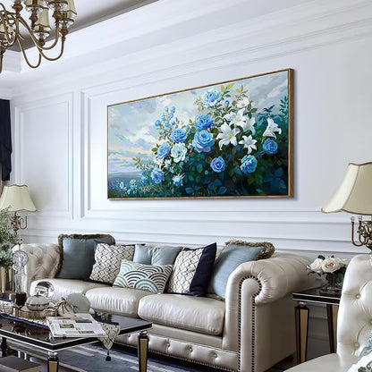 Framed Extra Large Botanical Wall Art – Blue and White Flower Canvas Painting for Living Room Bedroom – Rustic Wood Frame Floral Décor 58x29 Inch