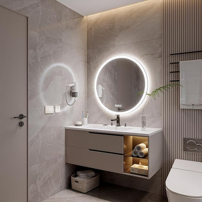28inches Round wall LED Mirror,samrt Mirror Bathroom with Light,Anti- Fog,3 Colors Dimmable,Front and Backlit,CRI90+,Touch Button