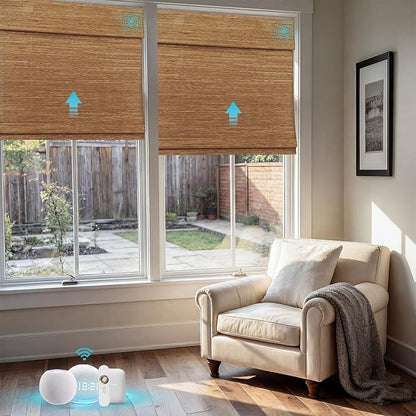 Motorized Bamboo Roman Shades, Motorized Blinds with Remote Compatible with Homekit, Alexa GoogleHome, Smart Wood Woven Shades for Indoor Windows, Customize, Rustwood
