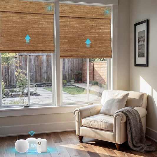 Motorized Bamboo Roman Shades, Motorized Blinds with Remote Compatible with Homekit, Alexa GoogleHome, Smart Wood Woven Shades for Indoor Windows, Customize, Rustwood