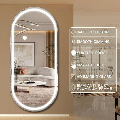 FENNIO 71" x 32" Large Wall Mounted Mirror with LED Lights, Oval Full Length LED Lighted Full Body Dressing Mirror for Bedroom, Salon, Brushed Aluminum Frame, Tempered Glass