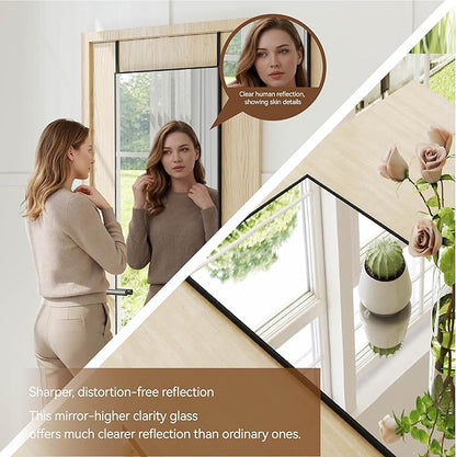 NARCISSUS 57x20 Mirror Door Hanging Full Length Body with Floor Stand or Wall Mounted Metal Aluminum Frame Tempered Glass Rectangle Mirrors for Bedroom Dressing Living Room Bathroom 57 inch Black