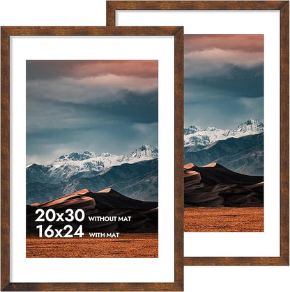 iRahmen 20x30 Poster Frame with 16x24 Mat - Plexiglass Wooden Picture Frames for Photo Wall Gallery Mounting (Dark Brown, Set of 2)