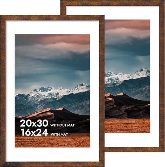 iRahmen 20x30 Poster Frame with 16x24 Mat - Plexiglass Wooden Picture Frames for Photo Wall Gallery Mounting (Dark Brown, Set of 2)