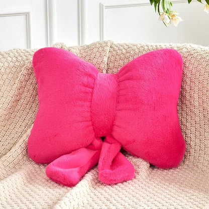 XVTRU Hot Pink Bow Pillow, Soft Bow Decorative Pillows with Faux Rabbit Fur, Cute 16" Bow Throw Pillows, Aesthetic Home Decor Bow Shaped Plush Pillow for Bedroom Sofa Couch