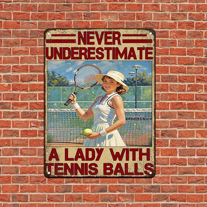 Tennis Sport Vintage Tin Metal Sign Never Underestimate A Lady With Tennis Balls Decorative Poster Wall Art Decoration For Home School Club Coffee 12x16 Inch